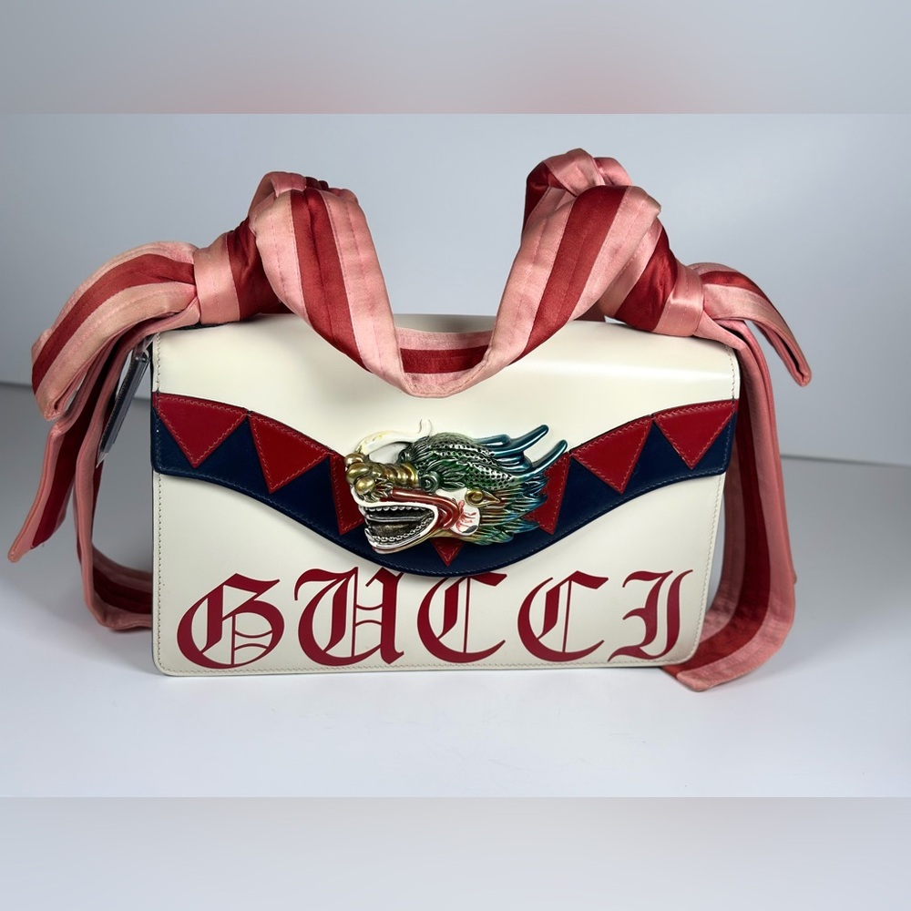 Authentic Rare Gucci GUCCY White Dragon Shoulder Bag with Red & Pink Strap